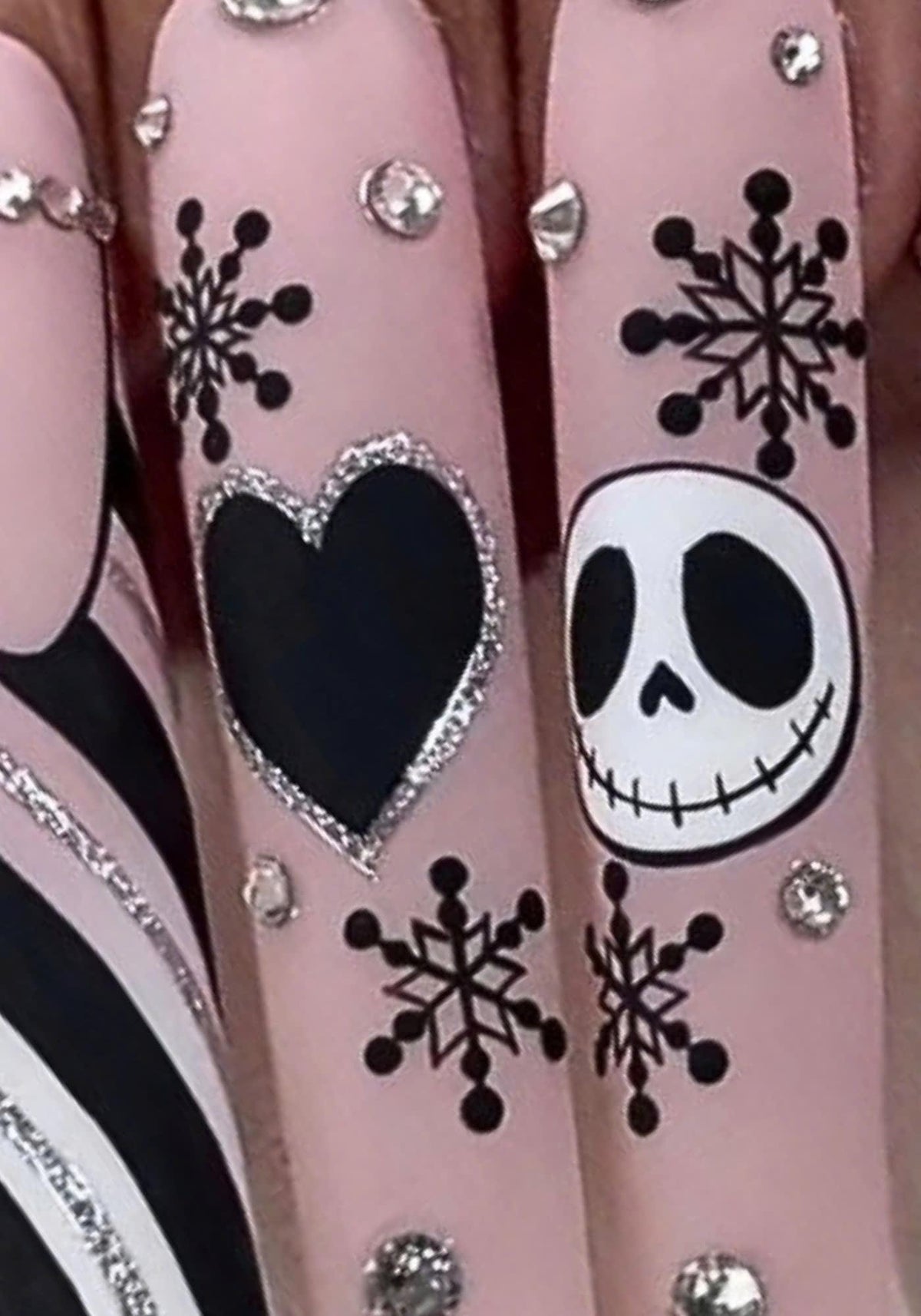 Blush Pink Gothic Skull and Snowflake Press On Nails With Rhinestones