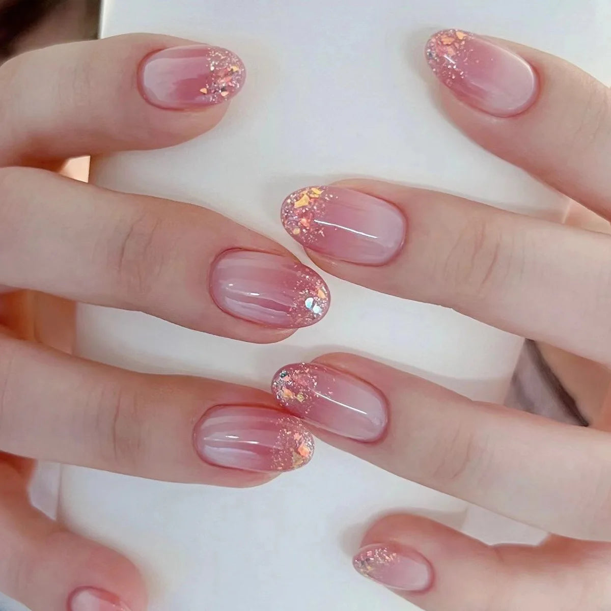 Blush Pink Gradient Nails with Gold Foil and Glitter