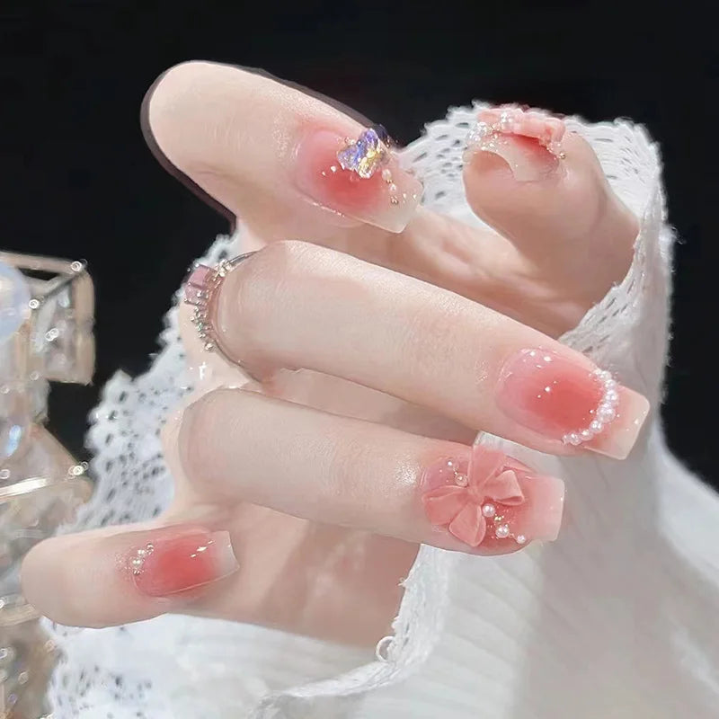Blush Pink Gradient Press On Nails with 3D Bows and Pearl Accents