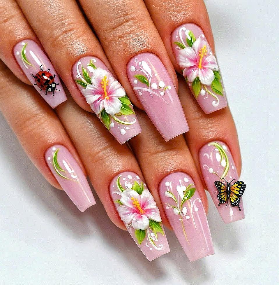 Blush Pink Hibiscus Press On Nails With 3D Flowers, Butterflies and Ladybugs