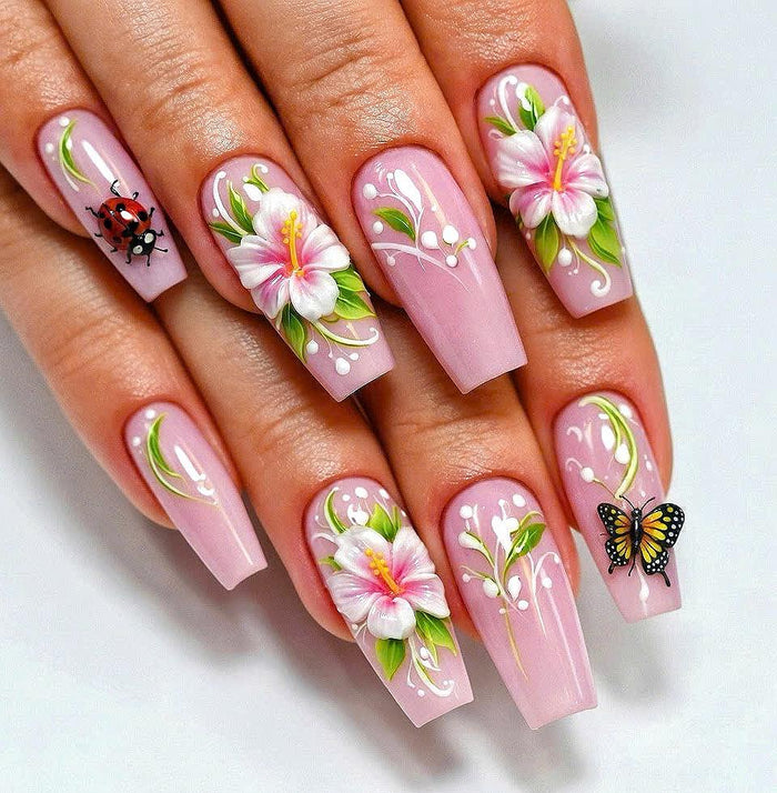 Blush Pink Hibiscus Press On Nails With 3D Flowers, Butterflies and Ladybugs