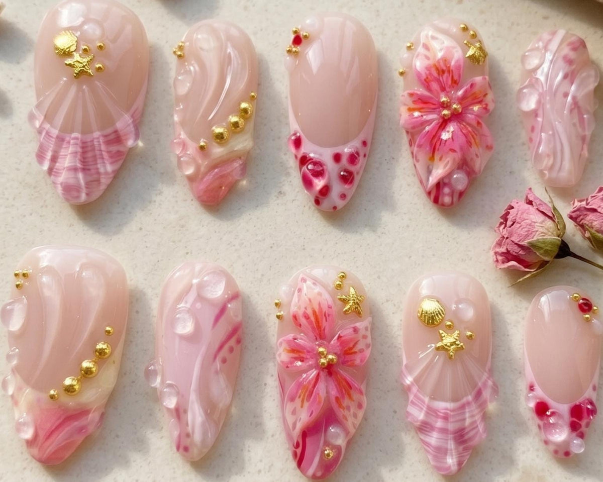 Blush Pink Hibiscus Tropical Beach Press On Nails With Shell Details and Plaid French Tips