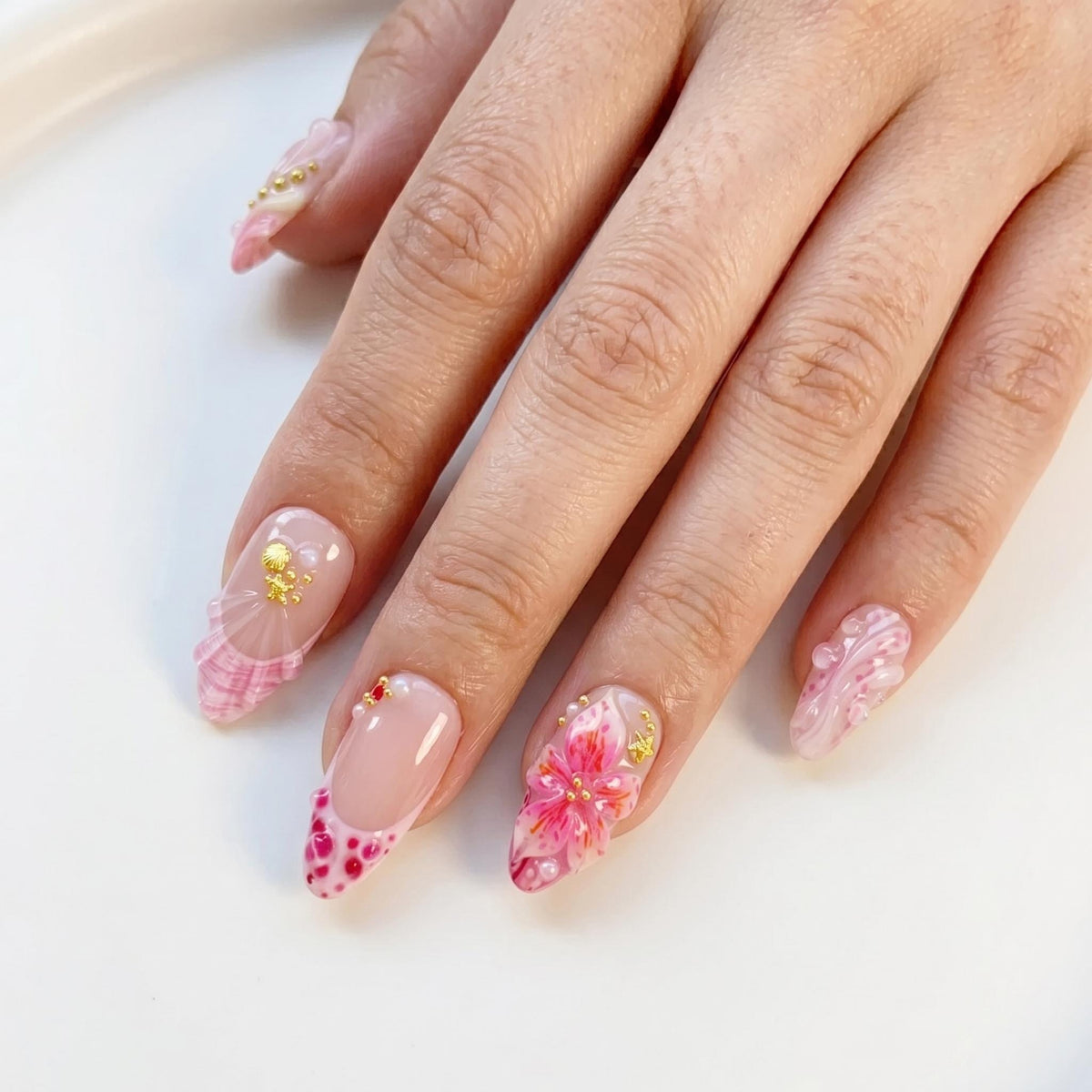 Blush Pink Hibiscus Tropical Beach Press On Nails With Shell Details and Plaid French Tips