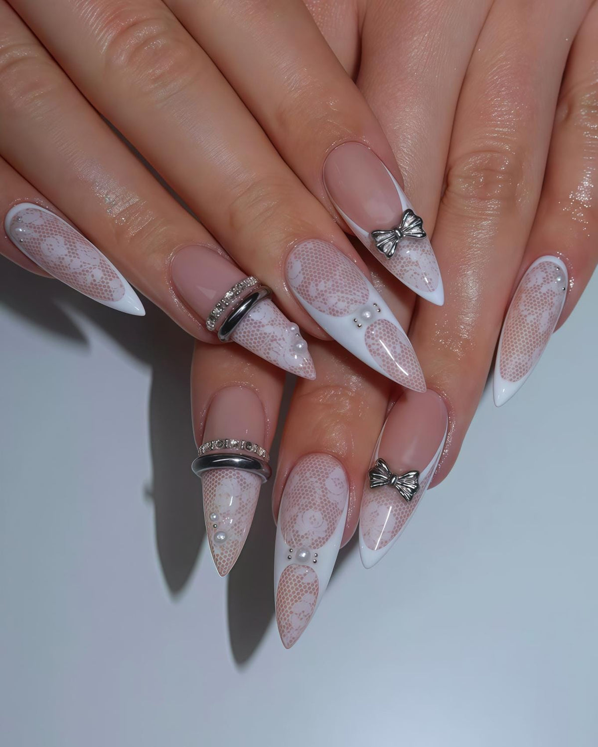 Blush Pink Lace French Tip Bridal Nails With Silver Bows and Rhinestones