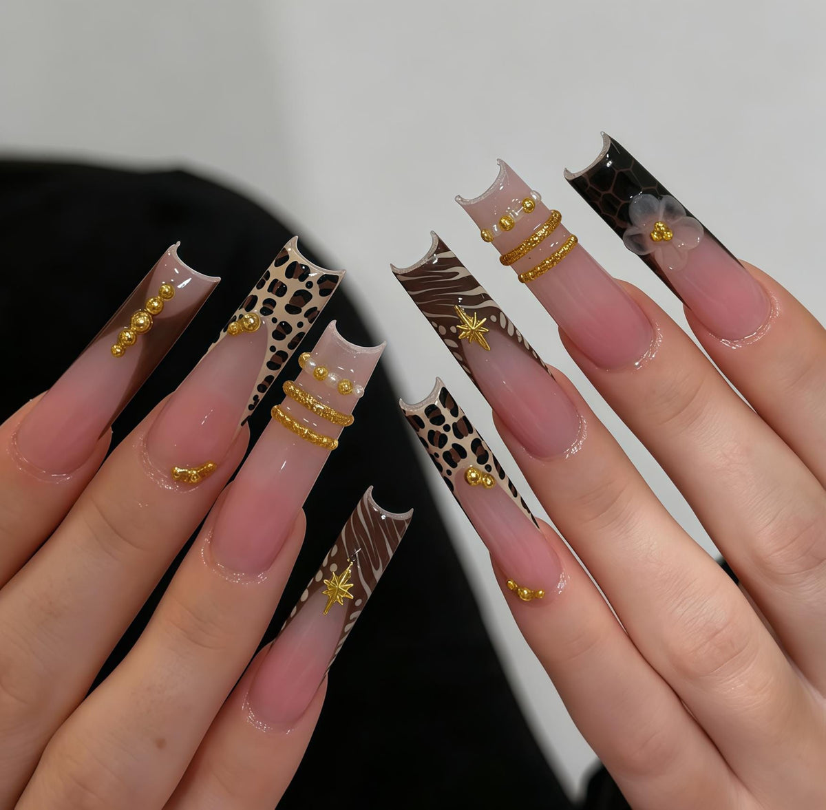 Blush Pink Leopard and Zebra Print Nails with Gold Charms