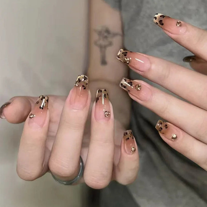 Blush Pink Leopard French Tip Press On Nails with Gold Accents