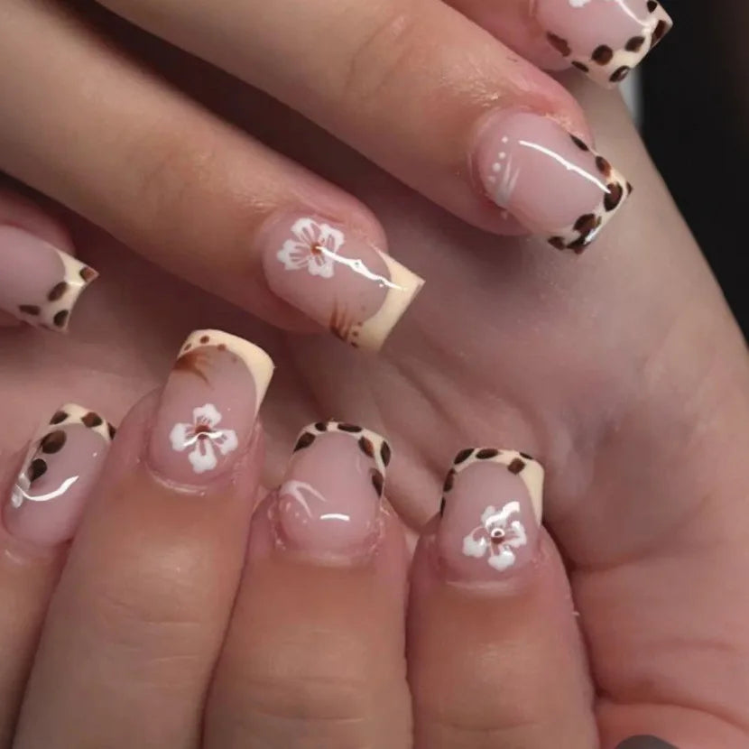 Blush Pink Leopard French Tip Nails with White Flowers