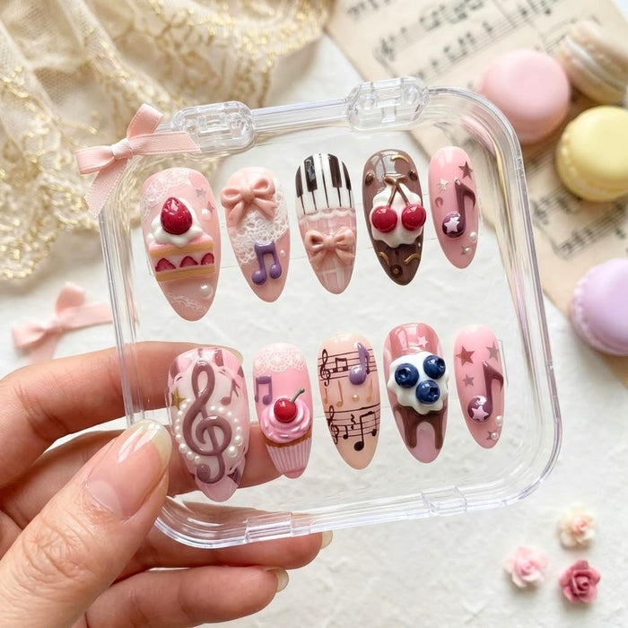 Blush Pink Music and Dessert 3D Press On Nail Set with Piano Keys, Cherries and Cake