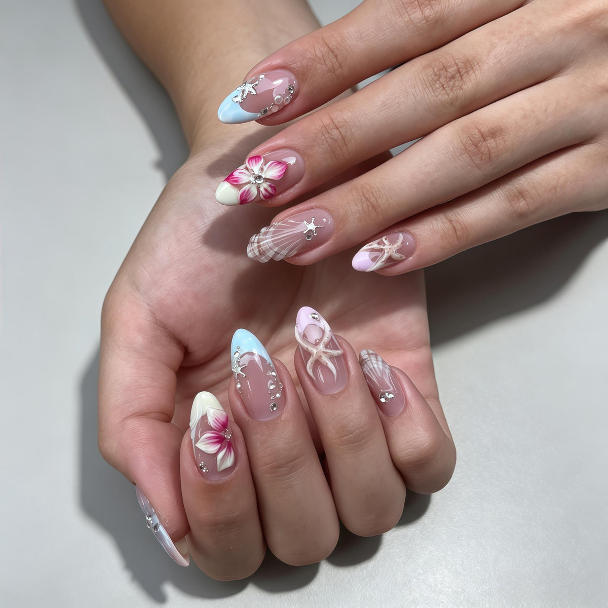 Blush Pink Ocean Nails With 3D Flowers, Shell Swirls, Plaid, and Silver Accents
