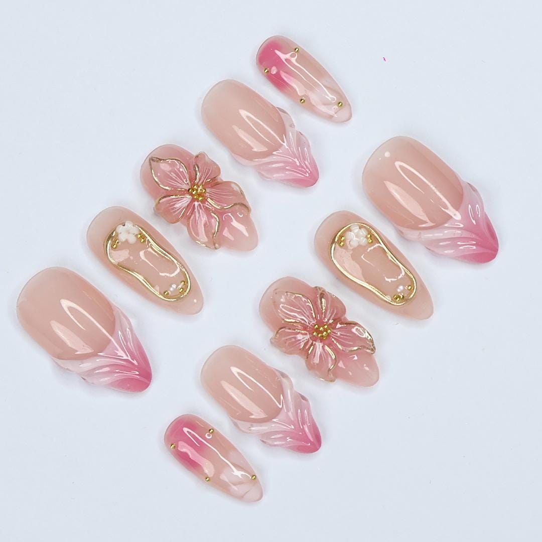 Blush Pink Ombré Floral Wedding Press-On Nails with 3D Flowers and Gold Details