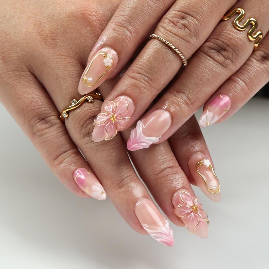 Blush Pink Ombré Floral Wedding Press-On Nails with 3D Flowers and Gold Details