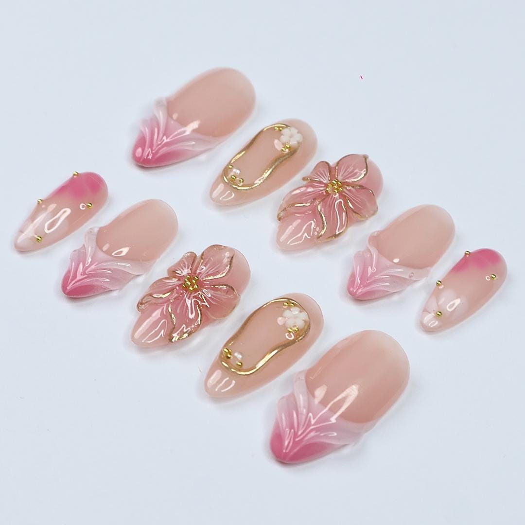 Blush Pink Ombré Floral Wedding Press-On Nails with 3D Flowers and Gold Details