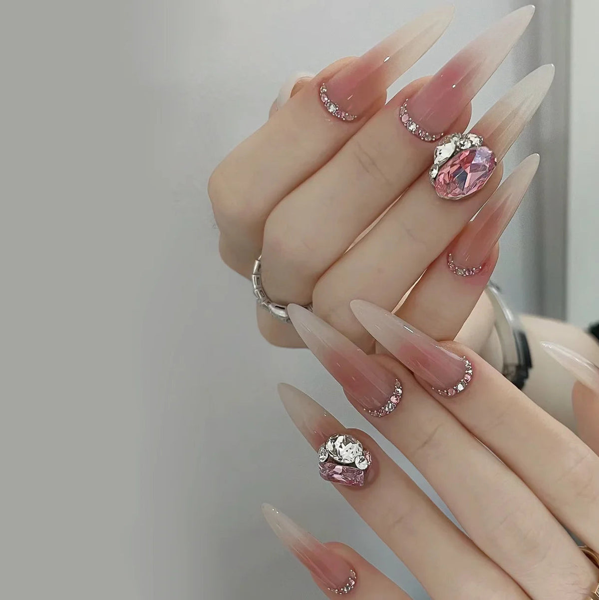 Blush Pink Ombre French Tip Nails with Rhinestones and Faceted Gems
