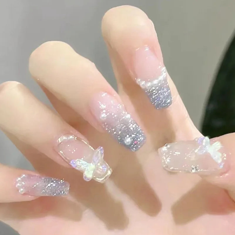 Blush Pink Ombre Press On Nails with Silver Glitter Tips and Iridescent Butterfly Accents