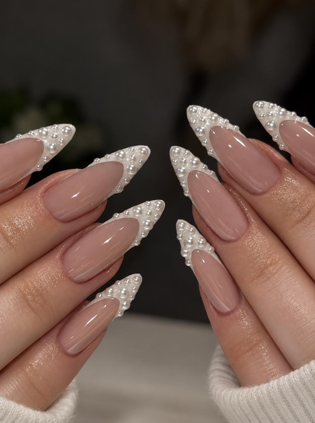 Blush Pink Pearl French Tip Bridal Press On Nails With Crystal Accents