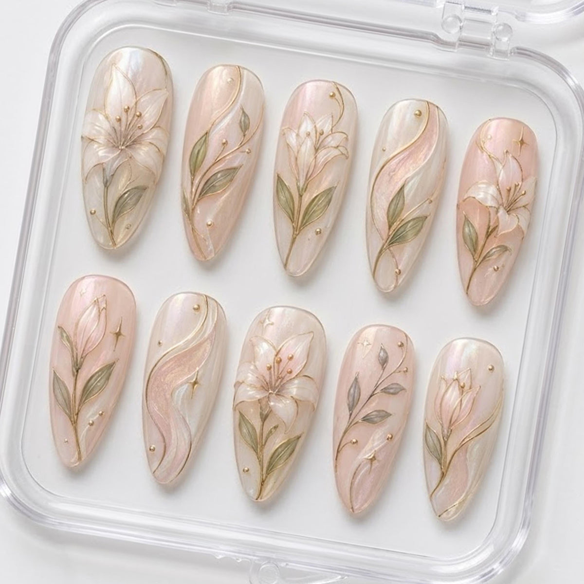 Blush Pink Pearl Lily Flower Bridal Press-On Nail Set With Gold Botanical Details