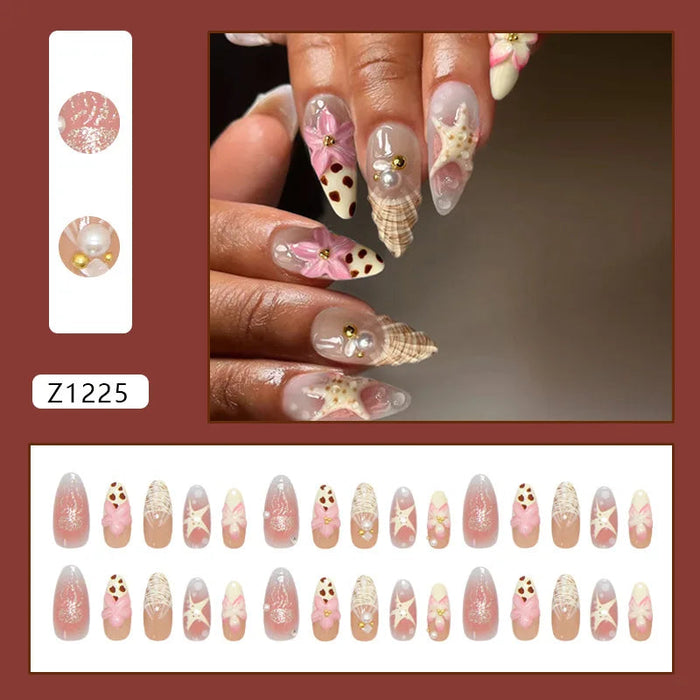 Blush Pink Plaid and Floral Press-On Nails with Pearl and Gold Accents