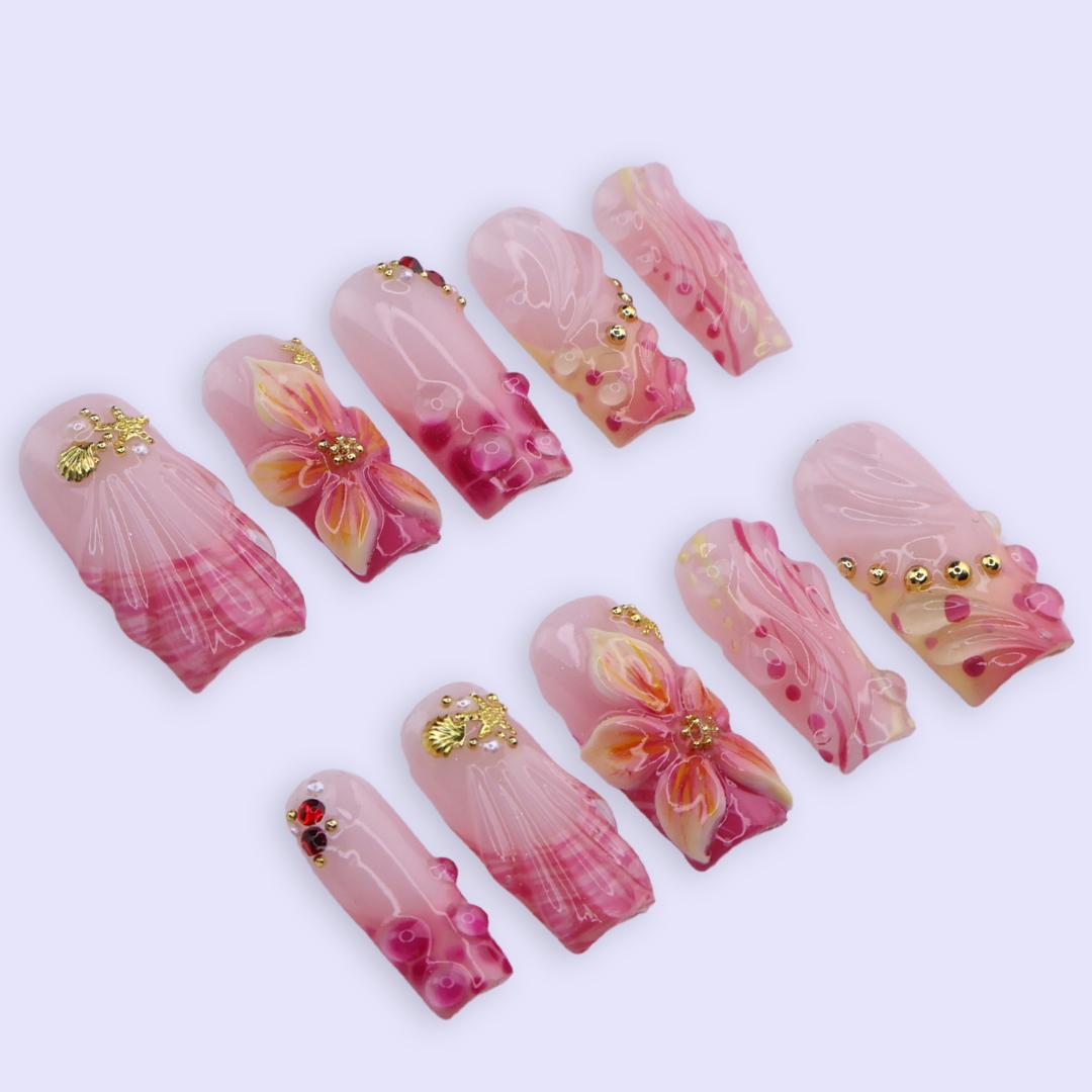 Blush Pink Seashell Floral Press On Nails With Gold Starfish Accents