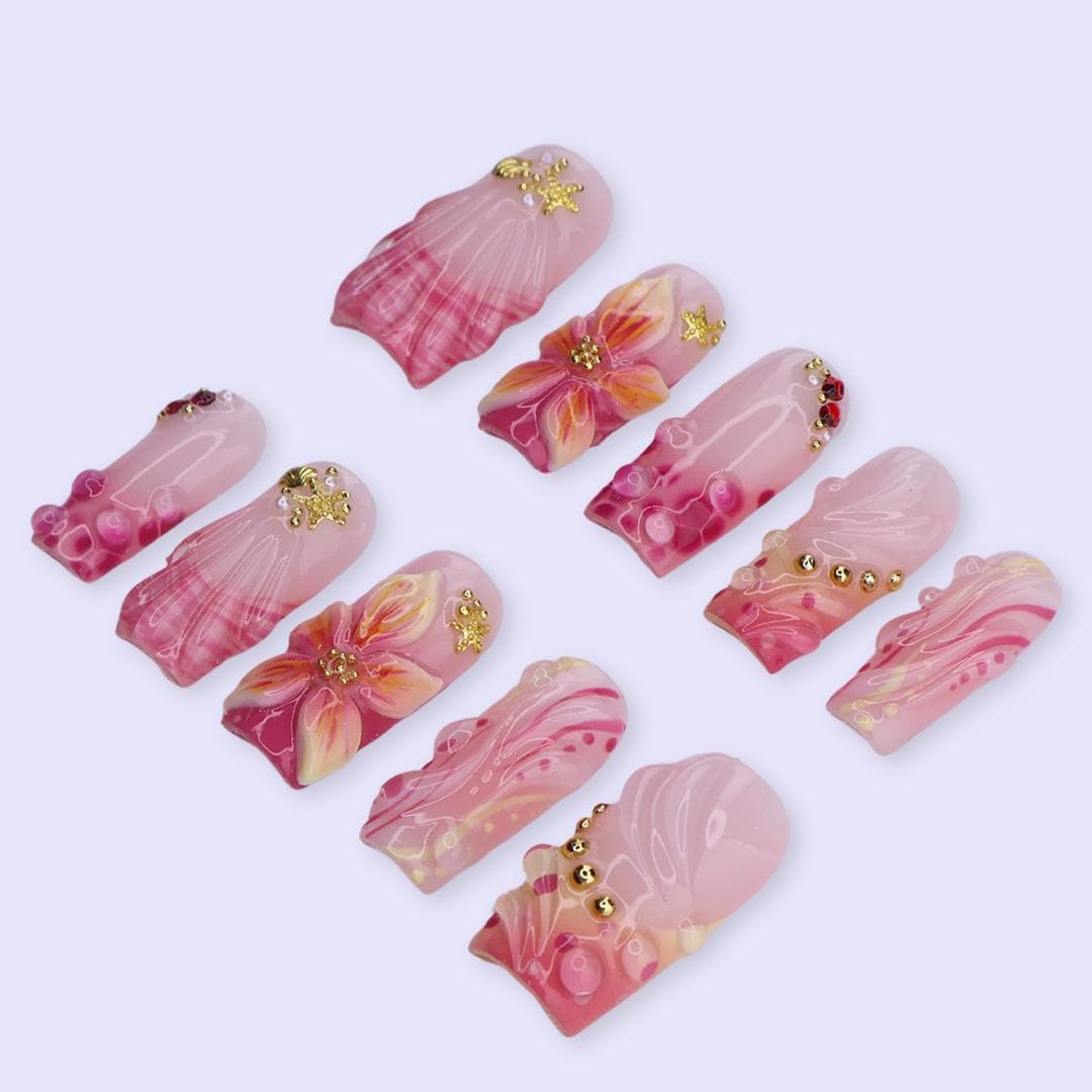 Blush Pink Seashell Floral Press On Nails With Gold Starfish Accents