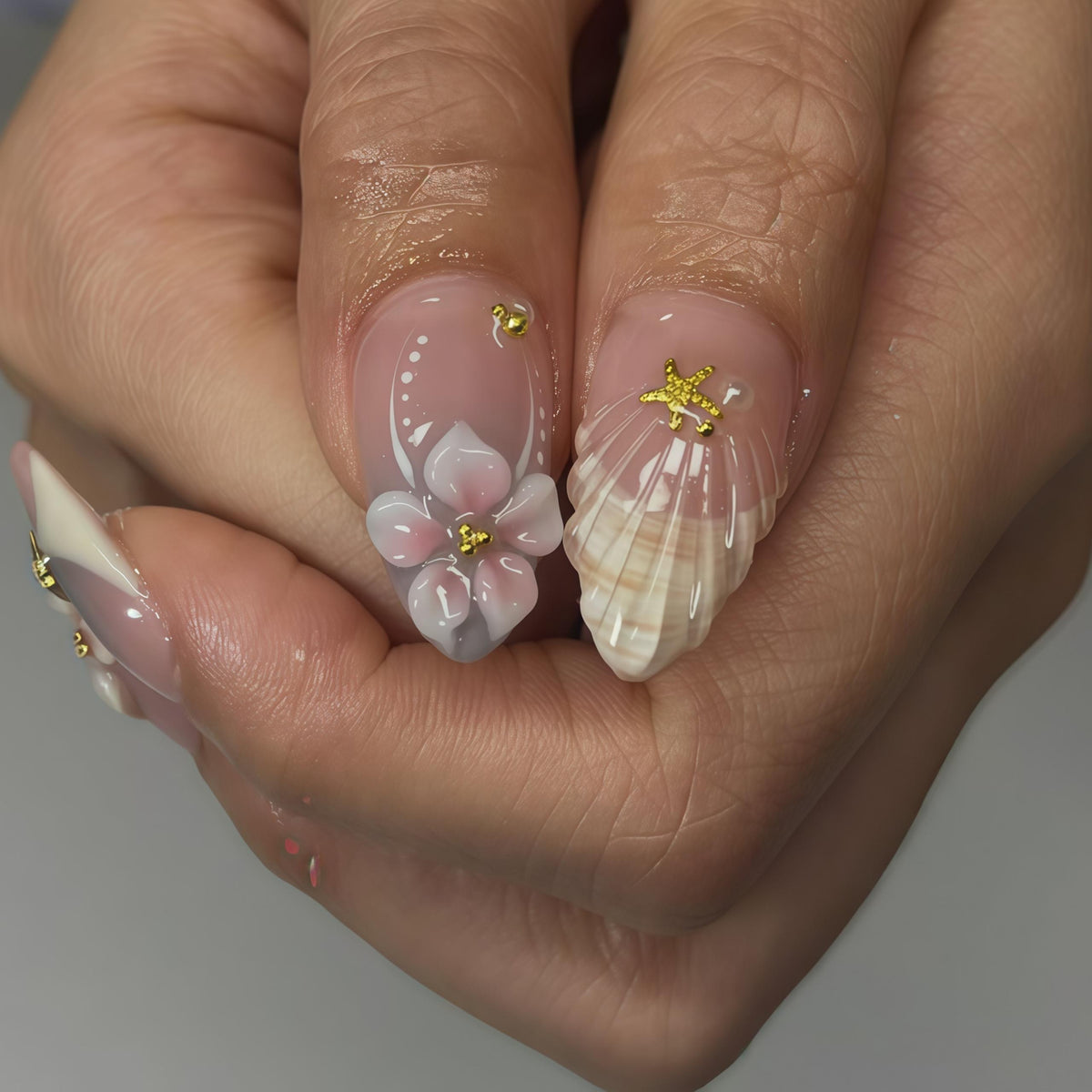 Blush Pink Shell and Flower Nail Set with Pale Blue Accents and Gold Charms, Summer Beach Style
