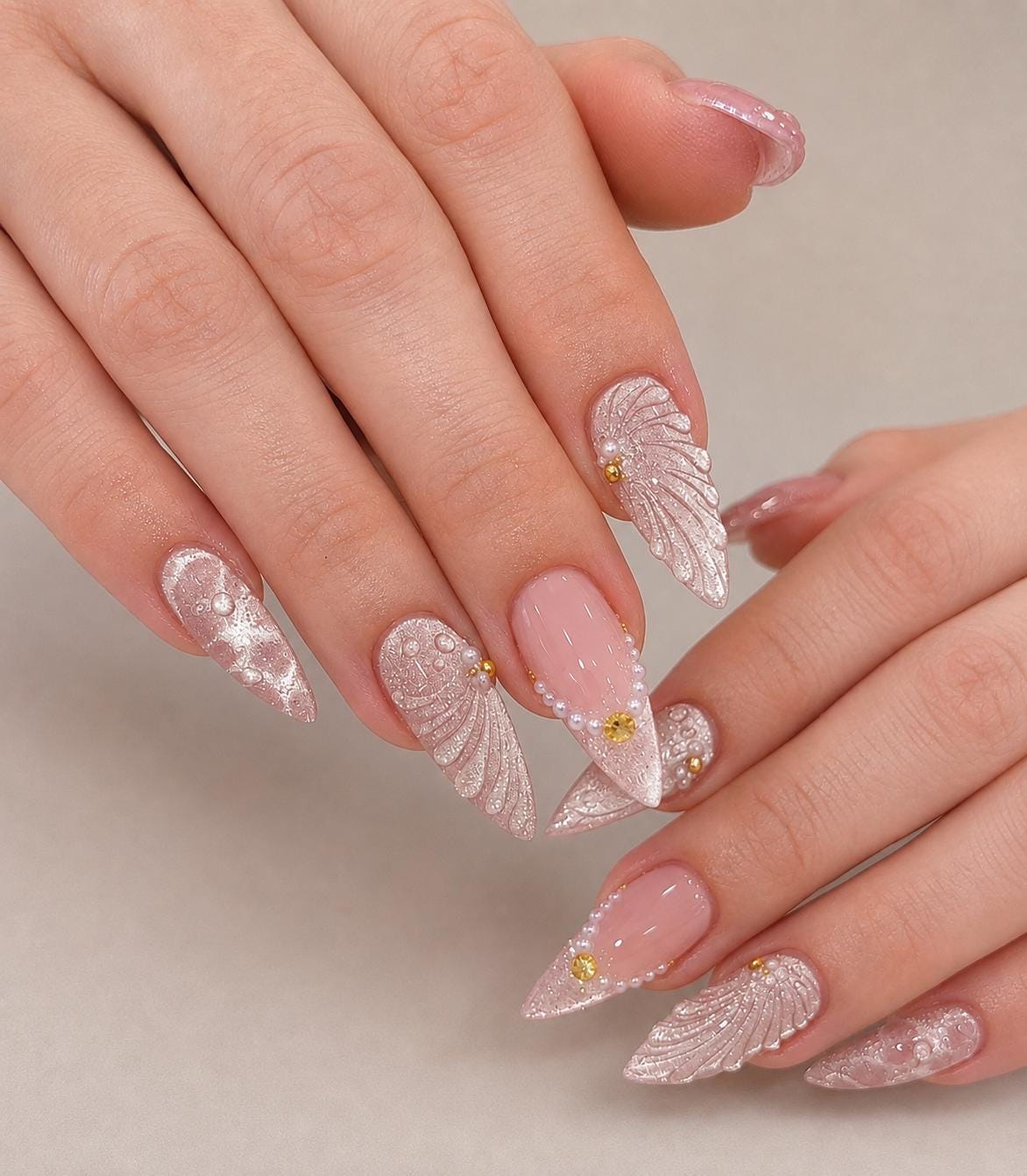Blush Pink Shimmer Press On Nails With Feather Details and Pearl Accents