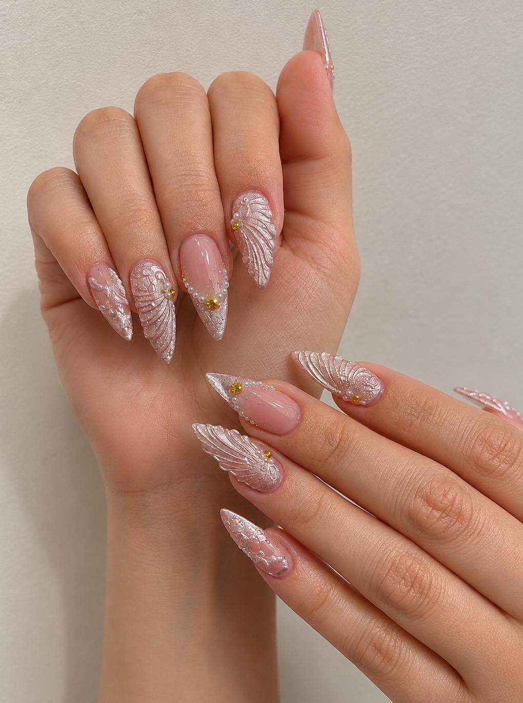 Blush Pink Shimmer Press On Nails With Feather Details and Pearl Accents