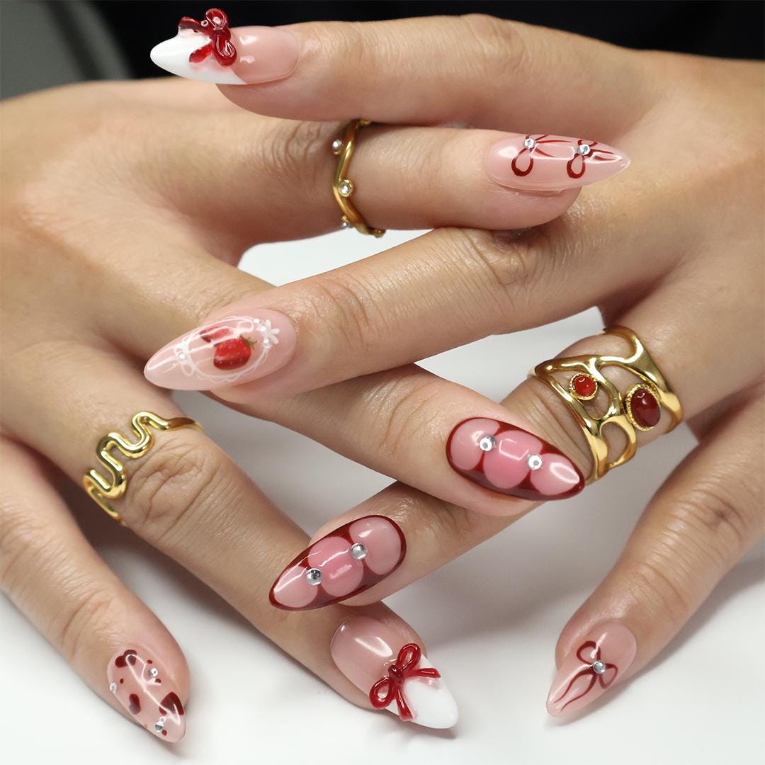 Blush Pink Strawberry Press-On Nails with Burgundy Bows, Hearts & Rhinestones