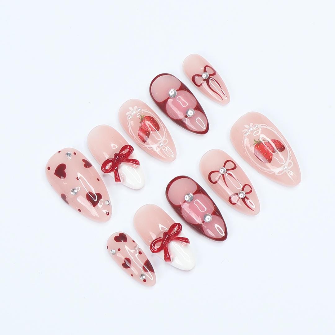 Blush Pink Strawberry Press-On Nails with Burgundy Bows, Hearts & Rhinestones