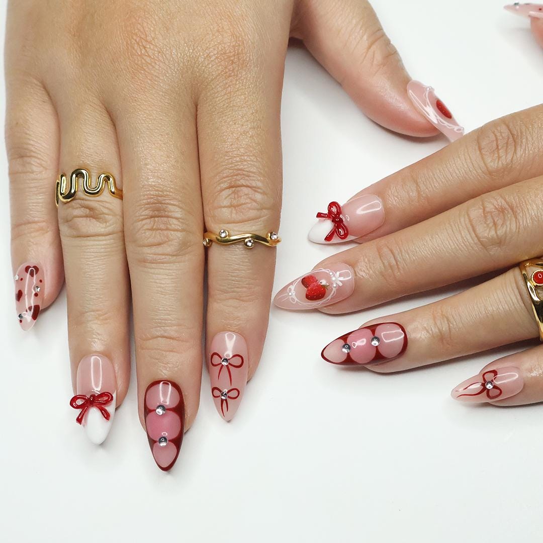Blush Pink Strawberry Press-On Nails with Burgundy Bows, Hearts & Rhinestones