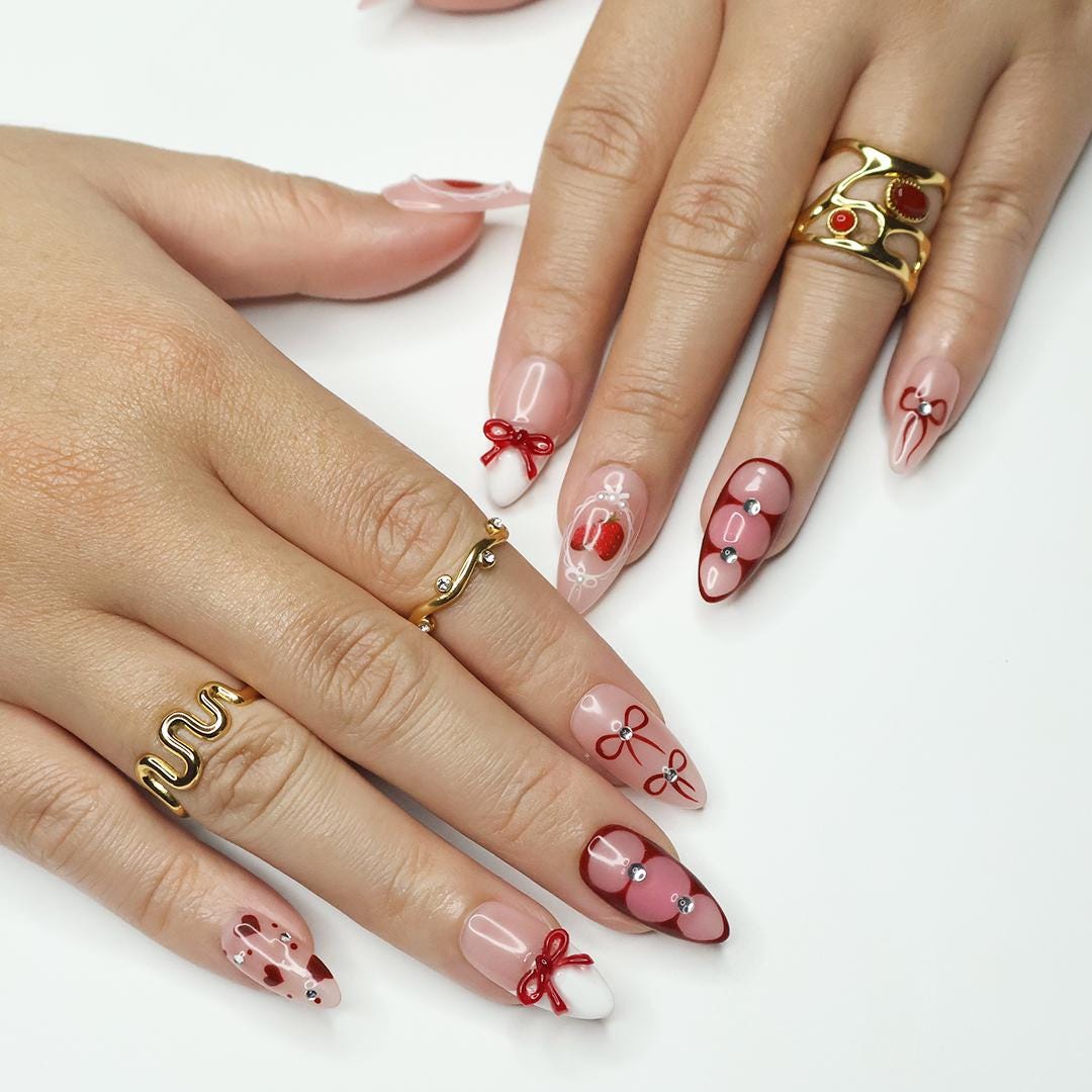 Blush Pink Strawberry Press-On Nails with Burgundy Bows, Hearts & Rhinestones