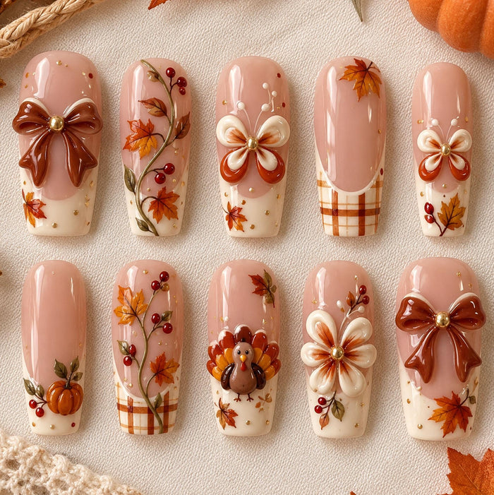 Blush Pink Thanksgiving Press On Nails With Autumn Leaves, Plaid, Pumpkins, Turkey and 3D Bows