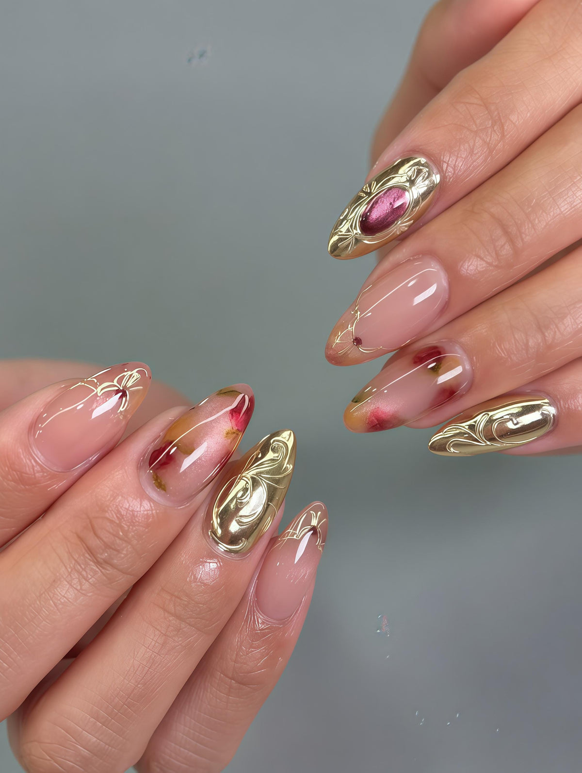 Blush Pink Wedding Nails With Gold Filigree and Burgundy Stone Details