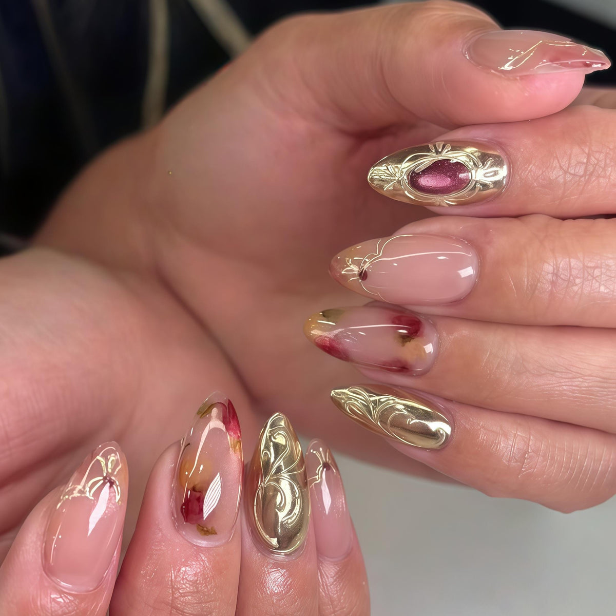 Blush Pink Wedding Nails With Gold Filigree and Burgundy Stone Details