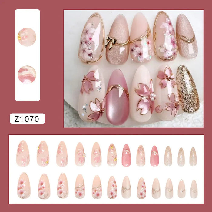 Blush Sakura Floral French Tip Press On Nails with Glitter and Gold Accents