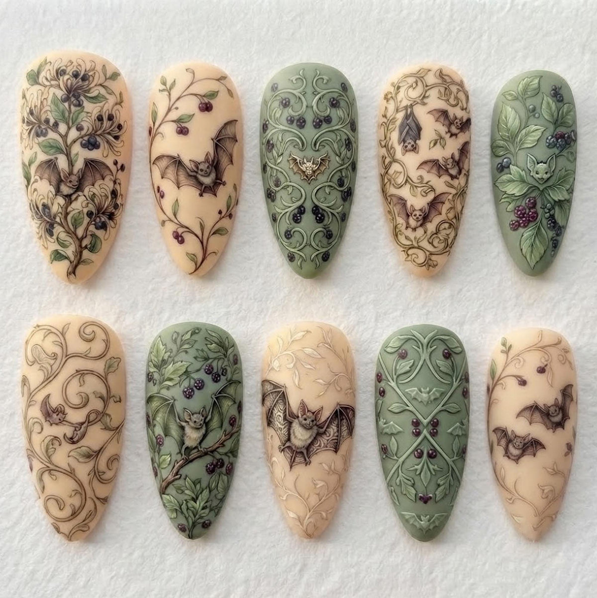 Botanical Bat Nails in Sage Green and Cream With Berry Vines
