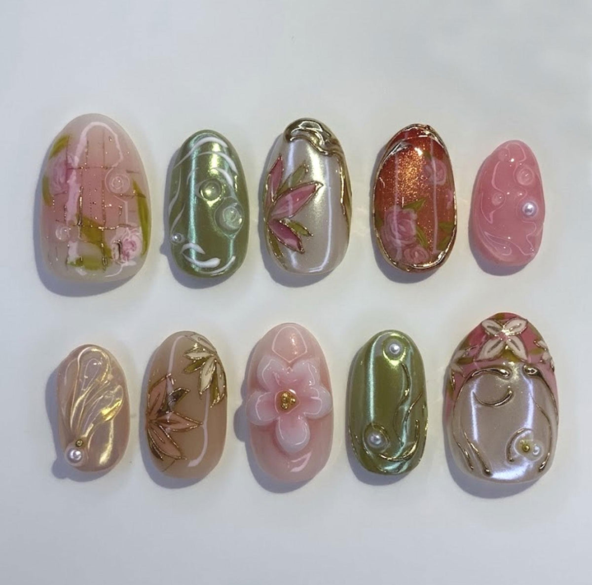 Botanical Fairycore Nails with 3D Pink Flowers and Gold Leaf
