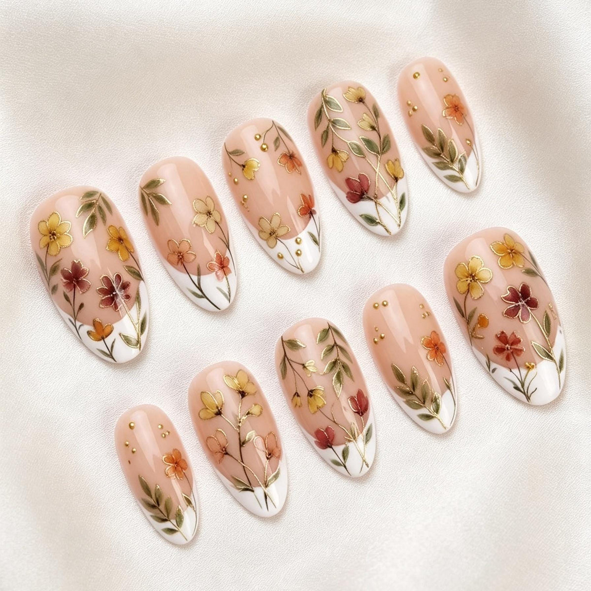 Botanical Floral French Tip Press-On Nails with Gold Dot Accents