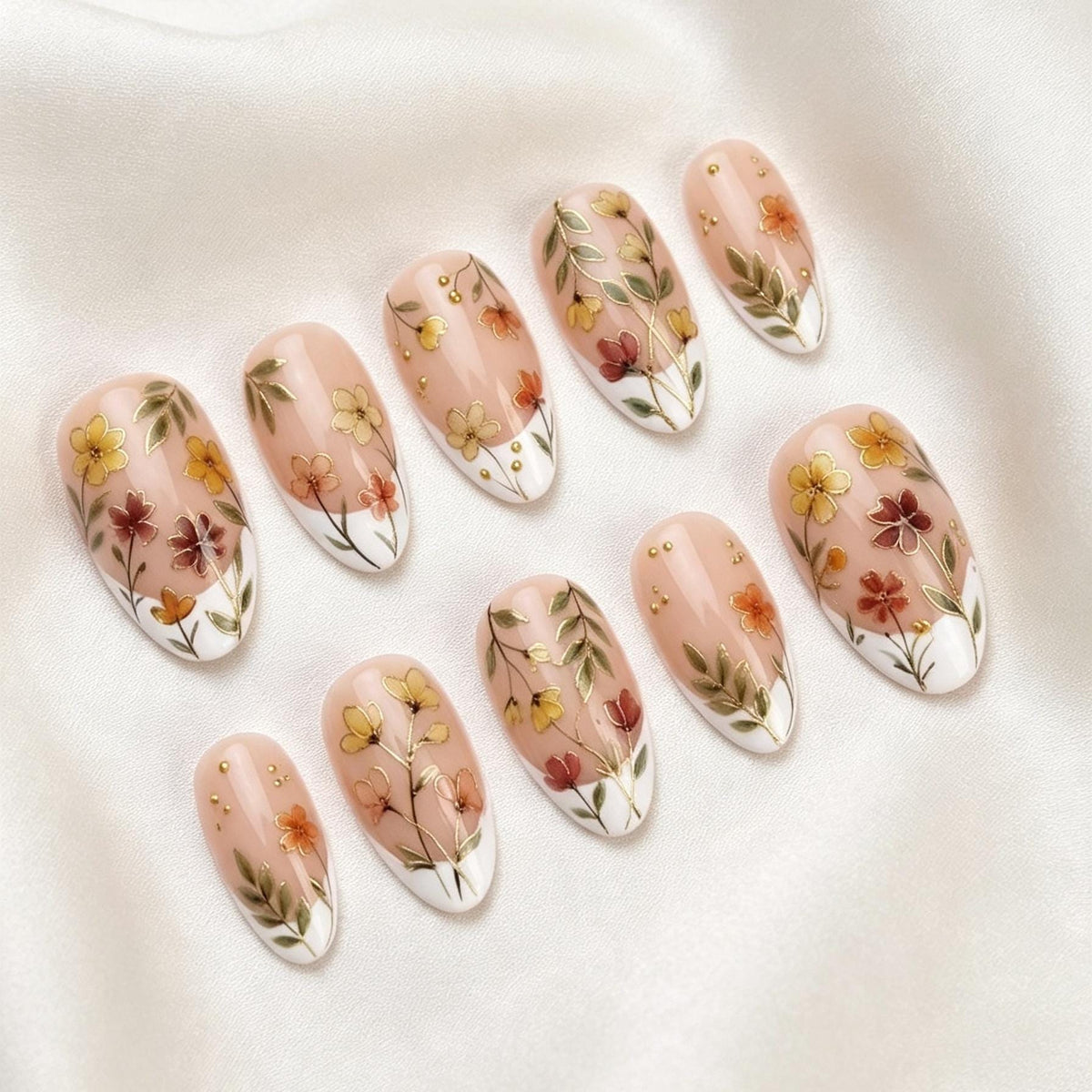 Botanical Floral French Tip Press-On Nails with Gold Dot Accents