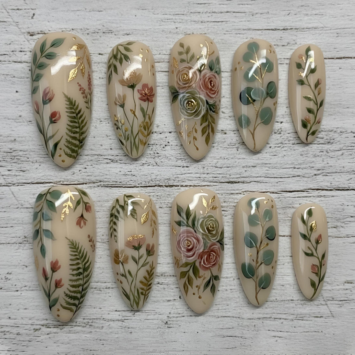 Botanical Floral Press On Nails with Raised Roses and Gold Accents