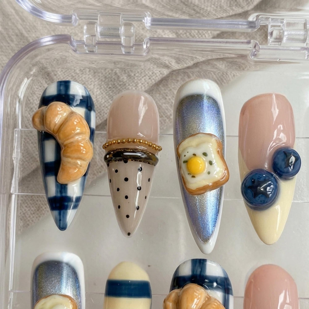 Breakfast Brunch Press On Nails With 3D Croissants, Egg Toast and Blueberries