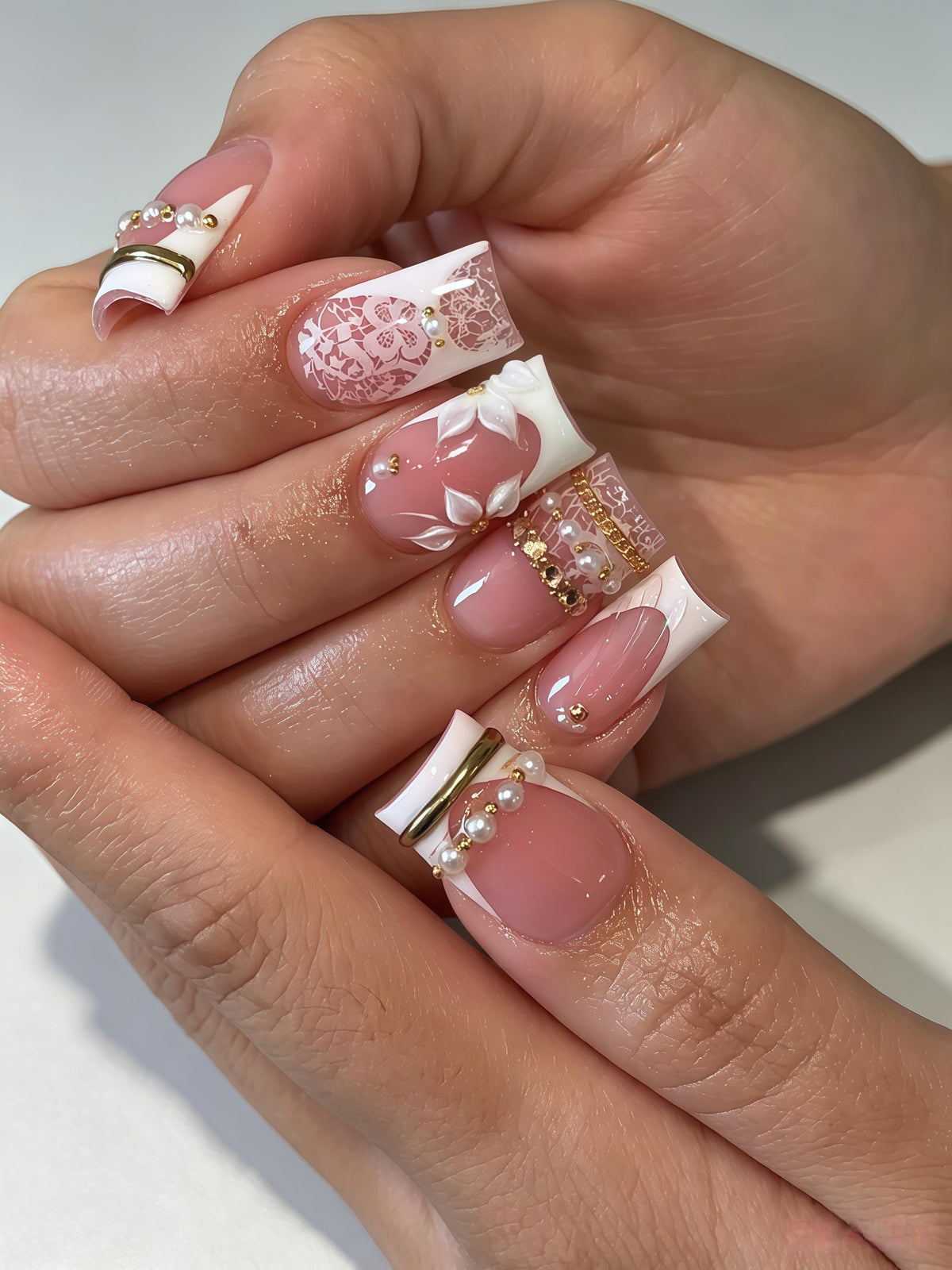 Bridal Blush Pink French Tip Nails With 3D White Flowers, Lace, Pearls and Gold Beads
