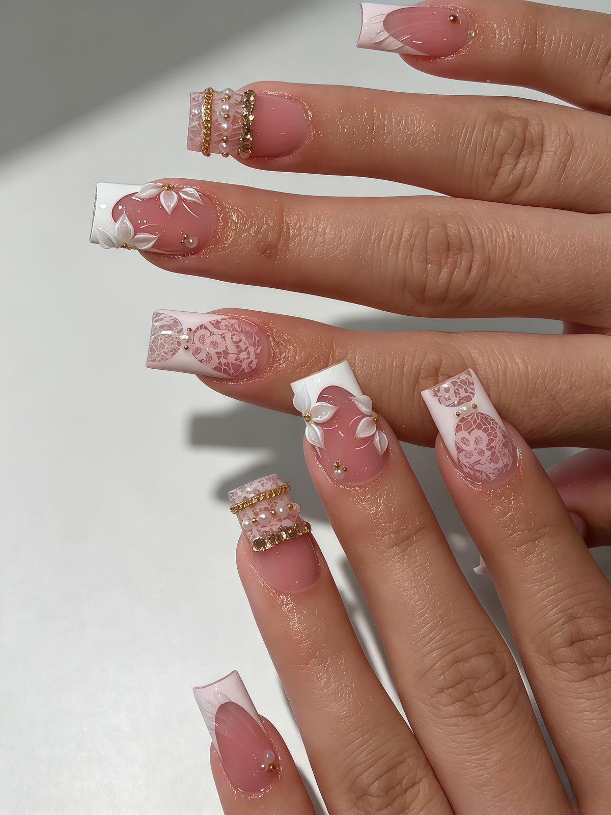 Bridal Blush Pink French Tip Nails With 3D White Flowers, Lace, Pearls and Gold Beads