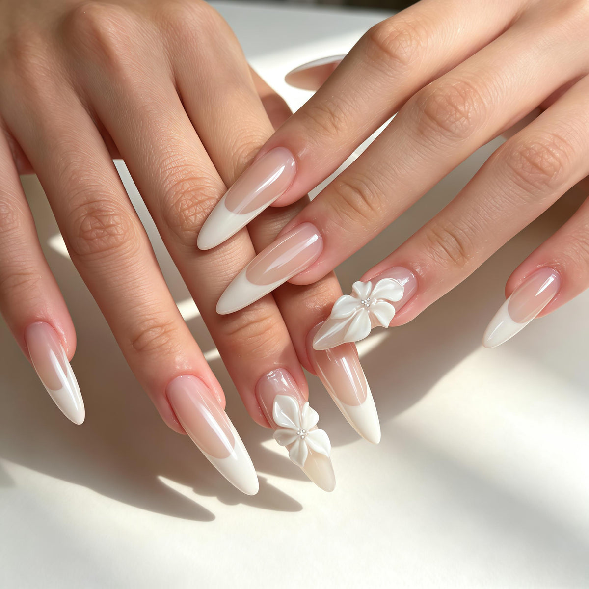 Bridal Nude Pink French Tip Press On Nails With Raised White Flowers