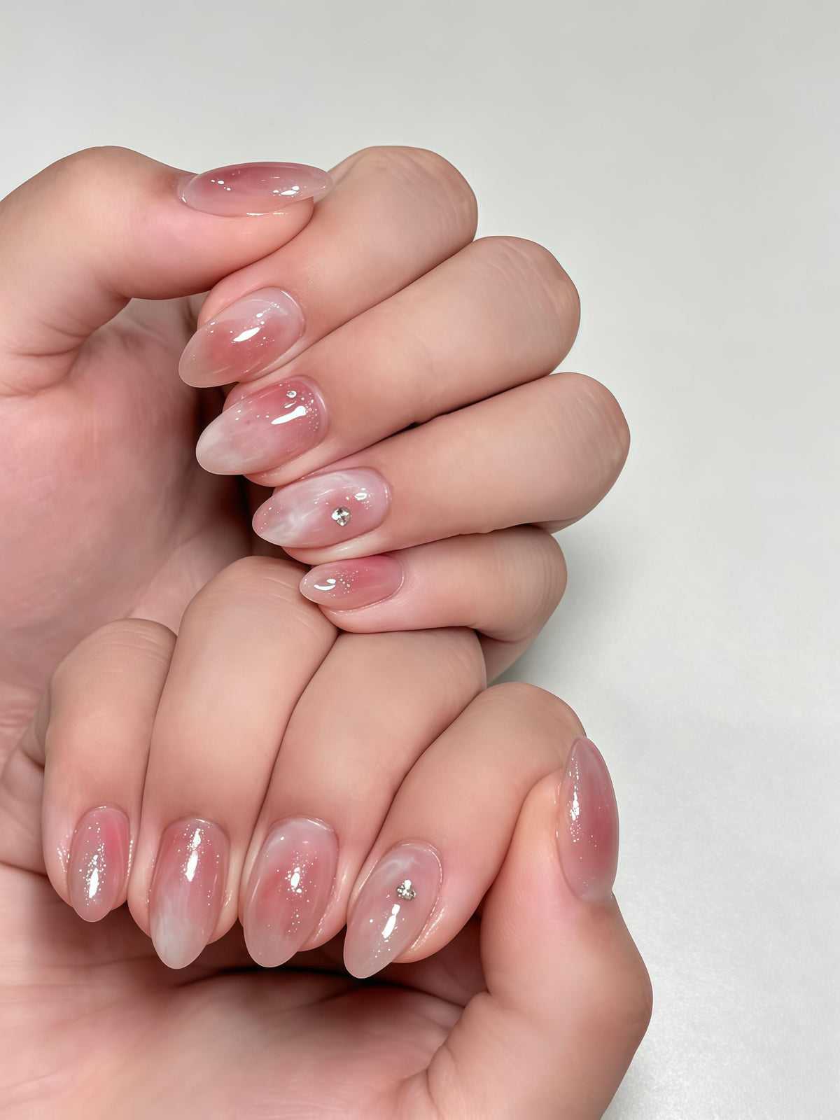 Bridal Pink and Milky White Watercolor Ombre Nails with Silver Rhinestones