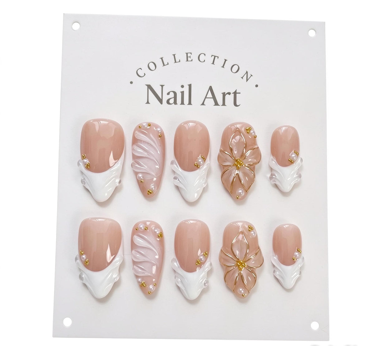 Bridal Sheer Nude Pink Nails with White Wave French Tips and Gold Floral Details