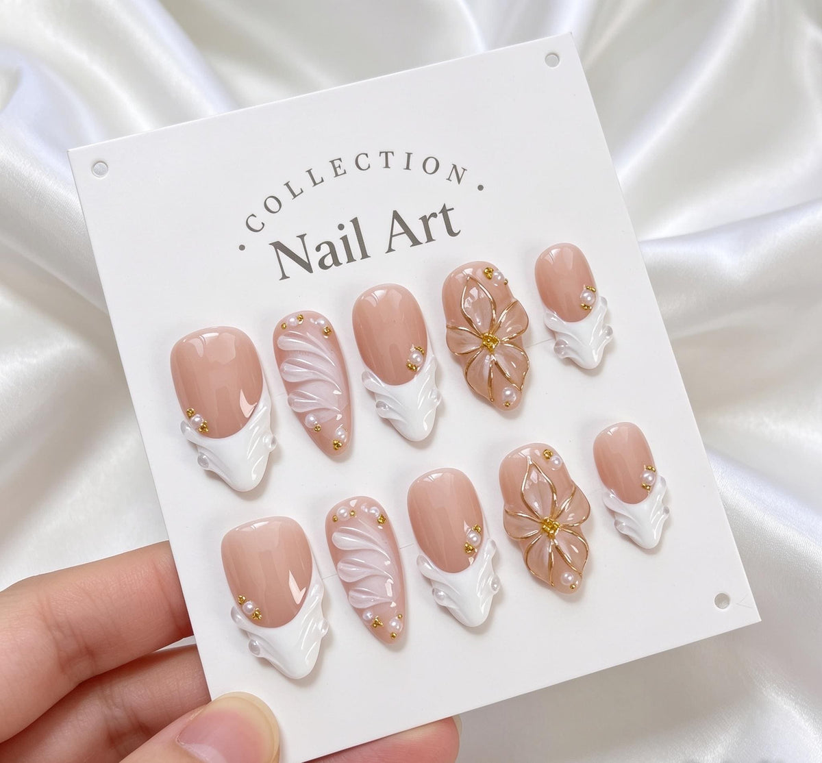 Bridal Sheer Nude Pink Nails with White Wave French Tips and Gold Floral Details