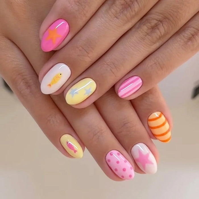 Bright Pastel Summer Press On Nails With Stripes, Stars and Dots