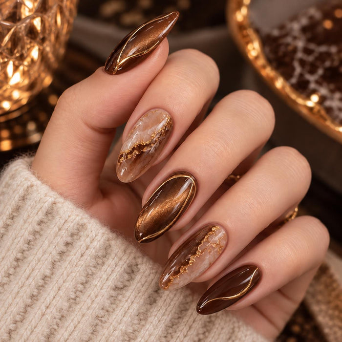 Brown and Amber Cat-Eye Marble Press-On Nail Set with Gold Flakes, Autumn Design