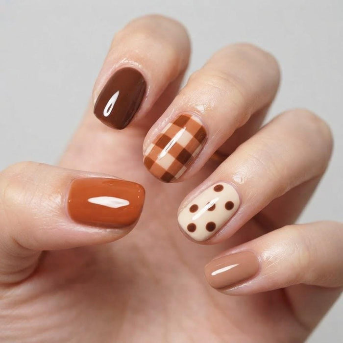 Brown and Amber Fall Gingham & Polka Dot Press-On Nail Set