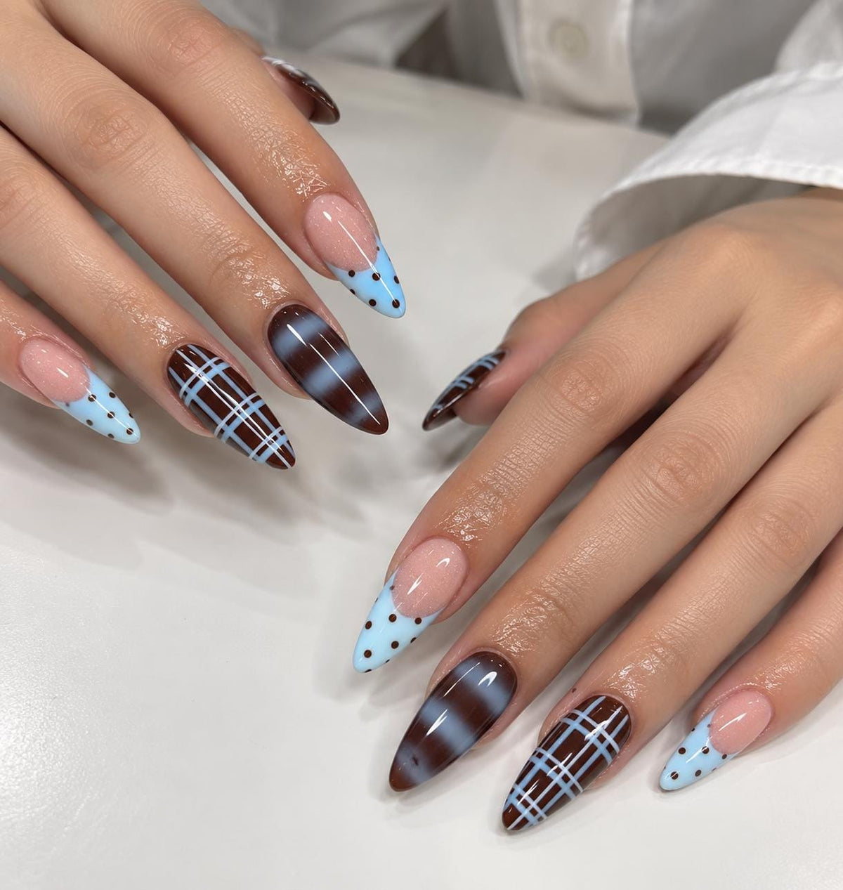 Brown and Baby Blue Polka Dot and Plaid Nail Set